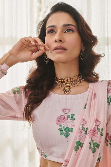 Buy Pasha India Pink Muslin Embroidery Round Neck Floral Print Pre-draped Saree With Blouse Online at Aza Fashions Buy_Pasha India_Pink Muslin Embroidery Round Neck Floral Print Pre-draped Saree With Blouse _Online_at_Aza_Fashions