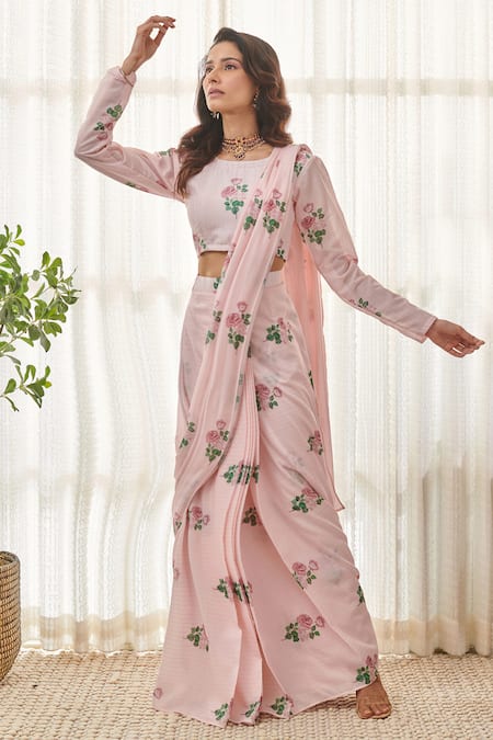 Shop Pasha India Pink Muslin Embroidery Round Neck Floral Print Pre-draped Saree With Blouse Online at Aza Fashions Shop_Pasha India_Pink Muslin Embroidery Round Neck Floral Print Pre-draped Saree With Blouse _Online_at_Aza_Fashions