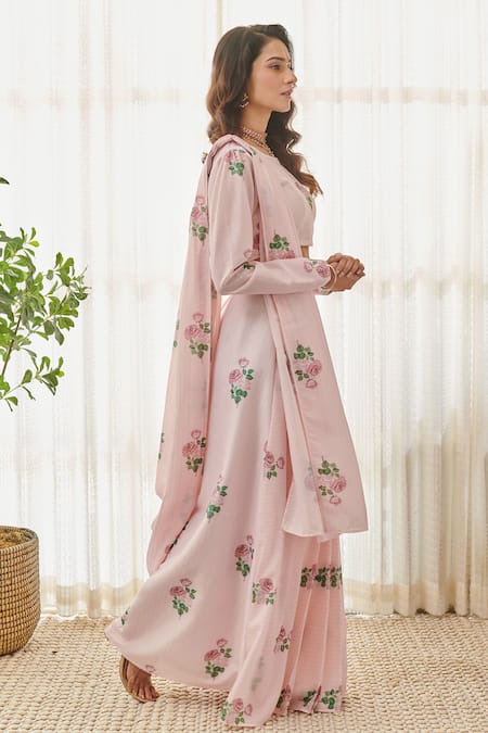 Pasha India Pink Muslin Embroidery Round Neck Floral Print Pre-draped Saree With Blouse at Aza Fashions Pasha India_Pink Muslin Embroidery Round Neck Floral Print Pre-draped Saree With Blouse _at_Aza_Fashions
