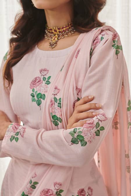 Buy Pasha India Pink Muslin Embroidery Round Neck Floral Print Pre-draped Saree With Blouse Buy_Pasha India_Pink Muslin Embroidery Round Neck Floral Print Pre-draped Saree With Blouse