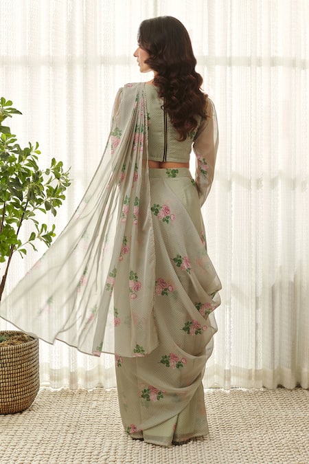 Shop Pasha India Green Muslin Embroidery Round Neck Flora Print Pre-draped Saree With Blouse at Aza Fashions Shop_Pasha India_Green Muslin Embroidery Round Neck Flora Print Pre-draped Saree With Blouse _at_Aza_Fashions