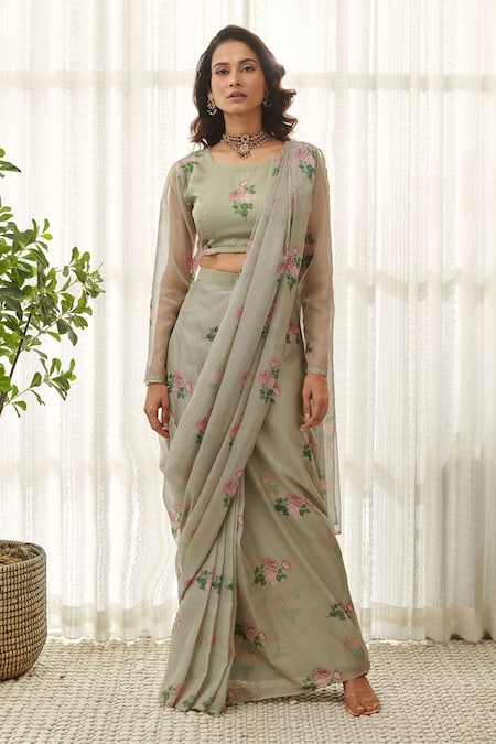 Pasha India Green Muslin Embroidery Round Neck Flora Print Pre-draped Saree With Blouse Online at Aza Fashions Pasha India_Green Muslin Embroidery Round Neck Flora Print Pre-draped Saree With Blouse _Online_at_Aza_Fashions