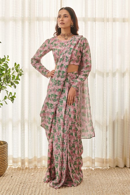 Pasha India Rose Print Pre-Draped Saree With Blouse 