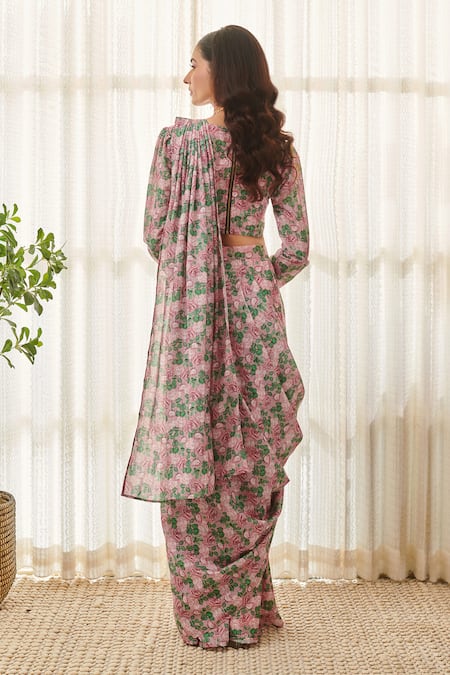Shop Pasha India Pink Muslin Embroidery Round Neck Rose Print Pre-draped Saree With Blouse at Aza Fashions Shop_Pasha India_Pink Muslin Embroidery Round Neck Rose Print Pre-draped Saree With Blouse _at_Aza_Fashions