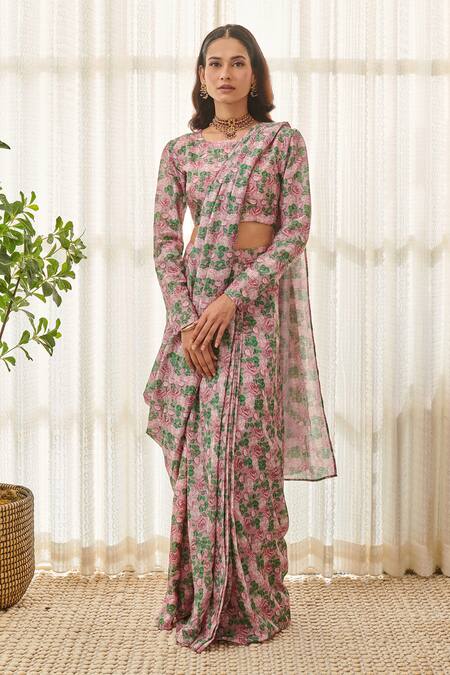Pasha India Pink Muslin Embroidery Round Neck Rose Print Pre-draped Saree With Blouse Online at Aza Fashions Pasha India_Pink Muslin Embroidery Round Neck Rose Print Pre-draped Saree With Blouse _Online_at_Aza_Fashions