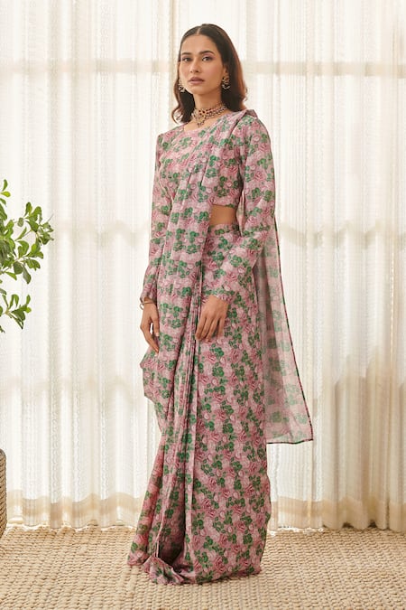 Buy Pasha India Pink Muslin Embroidery Round Neck Rose Print Pre-draped Saree With Blouse Online at Aza Fashions Buy_Pasha India_Pink Muslin Embroidery Round Neck Rose Print Pre-draped Saree With Blouse _Online_at_Aza_Fashions
