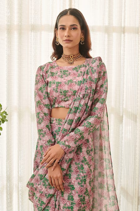 Shop Pasha India Pink Muslin Embroidery Round Neck Rose Print Pre-draped Saree With Blouse Online at Aza Fashions Shop_Pasha India_Pink Muslin Embroidery Round Neck Rose Print Pre-draped Saree With Blouse _Online_at_Aza_Fashions