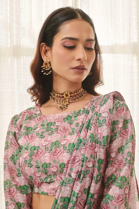 Pasha India Pink Muslin Embroidery Round Neck Rose Print Pre-draped Saree With Blouse at Aza Fashions Pasha India_Pink Muslin Embroidery Round Neck Rose Print Pre-draped Saree With Blouse _at_Aza_Fashions