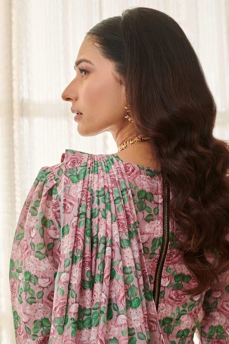 Buy Pasha India Pink Muslin Embroidery Round Neck Rose Print Pre-draped Saree With Blouse Buy_Pasha India_Pink Muslin Embroidery Round Neck Rose Print Pre-draped Saree With Blouse