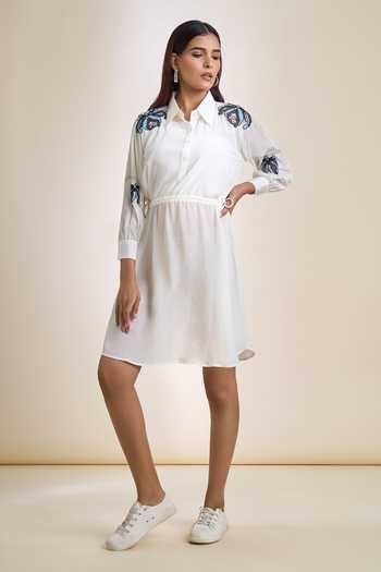 Buy Samyukta Singhania White Crepe Embroidered Cutdana Collared Moti And Dress Online at Aza Fashions Buy_Samyukta Singhania_White Crepe Embroidered Cutdana Collared Moti And Dress_Online_at_Aza_Fashions