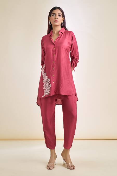 Buy_Naintara Bajaj_Red Silk Embroidery Collared Placement Floral Tunic And Pant Set _Online_at_Aza_Fashions