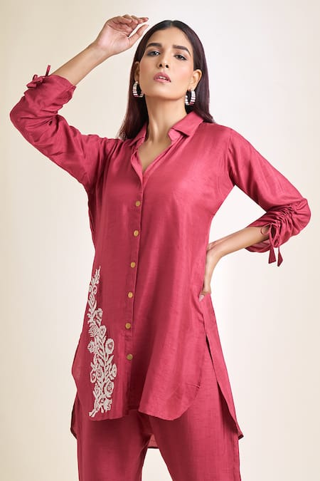 Shop_Naintara Bajaj_Red Silk Embroidery Collared Placement Floral Tunic And Pant Set _Online_at_Aza_Fashions