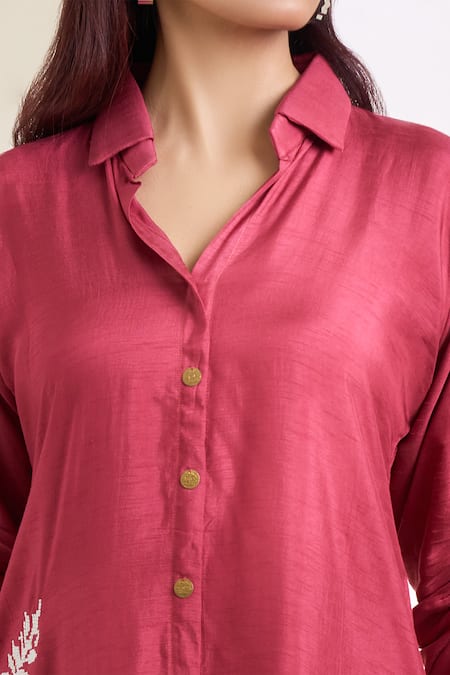 Naintara Bajaj_Red Silk Embroidery Collared Placement Floral Tunic And Pant Set _at_Aza_Fashions