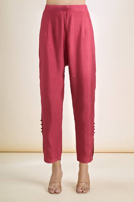 Buy_Naintara Bajaj_Red Silk Embroidery Collared Placement Floral Tunic And Pant Set 