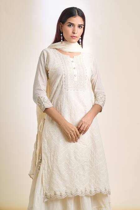 Buy Samyukta Singhania White Cotton Embroidery Round Neck Thread Kurta Skirt Set Online at Aza Fashions Buy_Samyukta Singhania_White Cotton Embroidery Round Neck Thread Kurta Skirt Set_Online_at_Aza_Fashions