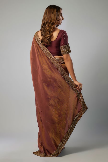 Shop_Fatiz_Maroon Silk, Georgette Sequins, Beads, Cut Work Embroidered Saree With Blouse _at_Aza_Fashions