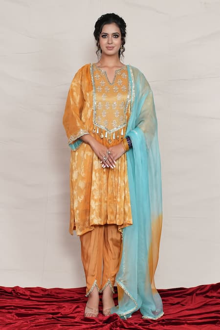 Shop_Jyoti Bansal_Yellow Tissue, Crepe, Organza Embroidery, Zari, Mirrors Bouquet Woven Kurta Set _Online_at_Aza_Fashions