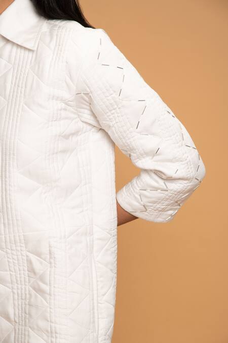 Khajoor Studio_White Linen Beads Shawl Neck Day And Night Quilted Jumpsuit _at_Aza_Fashions