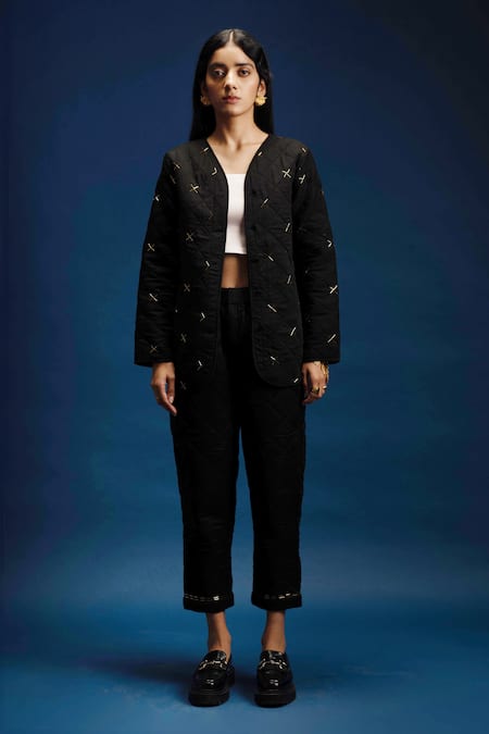 Khajoor Studio Black Modal, Satin Beads Open Neck Dancing Stars Quilted Jacket And Pant Set 