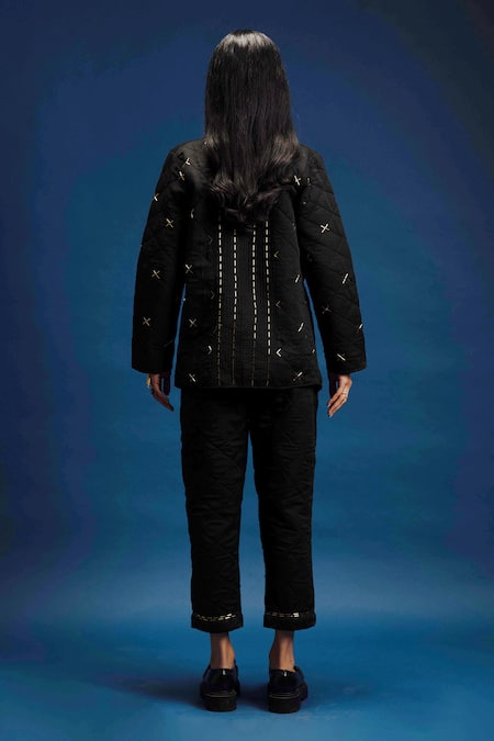 Shop Khajoor Studio Black Modal, Satin Beads Open Neck Dancing Stars Quilted Jacket And Pant Set at Aza Fashions Shop_Khajoor Studio_Black Modal, Satin Beads Open Neck Dancing Stars Quilted Jacket And Pant Set _at_Aza_Fashions