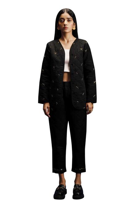 Khajoor Studio Black Modal, Satin Beads Open Neck Dancing Stars Quilted Jacket And Pant Set Online at Aza Fashions Khajoor Studio_Black Modal, Satin Beads Open Neck Dancing Stars Quilted Jacket And Pant Set _Online_at_Aza_Fashions