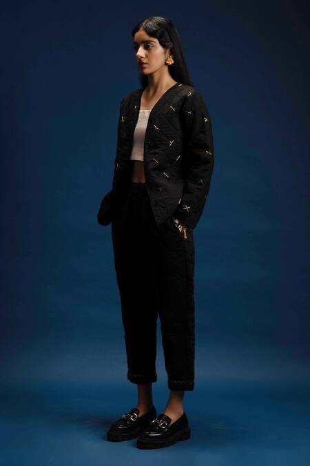 Buy Khajoor Studio Black Modal, Satin Beads Open Neck Dancing Stars Quilted Jacket And Pant Set Online at Aza Fashions Buy_Khajoor Studio_Black Modal, Satin Beads Open Neck Dancing Stars Quilted Jacket And Pant Set _Online_at_Aza_Fashions