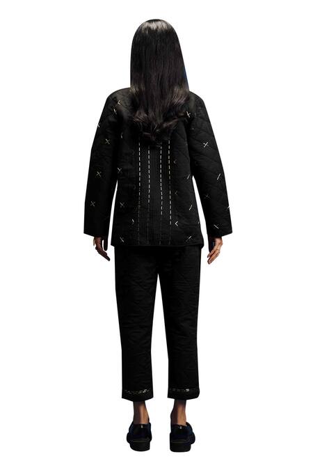Khajoor Studio Black Modal, Satin Beads Open Neck Dancing Stars Quilted Jacket And Pant Set at Aza Fashions Khajoor Studio_Black Modal, Satin Beads Open Neck Dancing Stars Quilted Jacket And Pant Set _at_Aza_Fashions