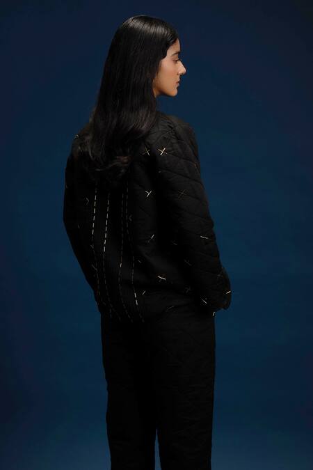 Buy Khajoor Studio Black Modal, Satin Beads Open Neck Dancing Stars Quilted Jacket And Pant Set Buy_Khajoor Studio_Black Modal, Satin Beads Open Neck Dancing Stars Quilted Jacket And Pant Set