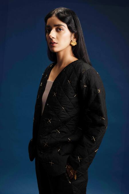 Shop Khajoor Studio Black Modal, Satin Beads Open Neck Dancing Stars Quilted Jacket And Pant Set Shop_Khajoor Studio_Black Modal, Satin Beads Open Neck Dancing Stars Quilted Jacket And Pant Set