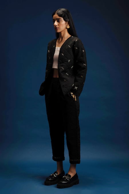 Khajoor Studio Black Linen Beads Open Neck Dancing Stars Quilted Jacket 