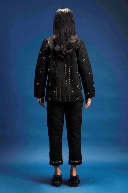 Shop Khajoor Studio Black Linen Beads Open Neck Dancing Stars Quilted Jacket at Aza Fashions Shop_Khajoor Studio_Black Linen Beads Open Neck Dancing Stars Quilted Jacket _at_Aza_Fashions