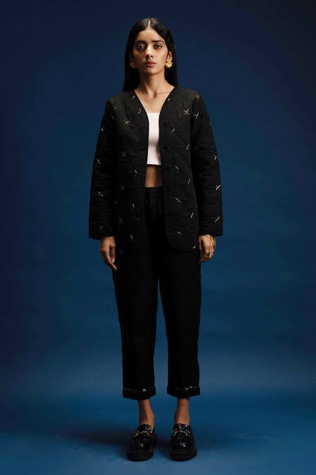 Khajoor Studio Black Linen Beads Open Neck Dancing Stars Quilted Jacket Online at Aza Fashions Khajoor Studio_Black Linen Beads Open Neck Dancing Stars Quilted Jacket _Online_at_Aza_Fashions