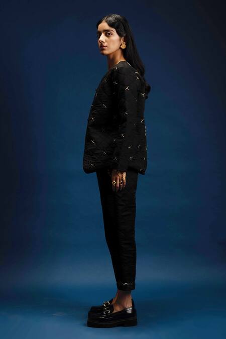 Shop Khajoor Studio Black Linen Beads Open Neck Dancing Stars Quilted Jacket Online at Aza Fashions Shop_Khajoor Studio_Black Linen Beads Open Neck Dancing Stars Quilted Jacket _Online_at_Aza_Fashions