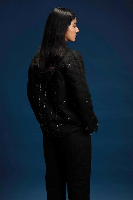 Khajoor Studio Black Linen Beads Open Neck Dancing Stars Quilted Jacket at Aza Fashions Khajoor Studio_Black Linen Beads Open Neck Dancing Stars Quilted Jacket _at_Aza_Fashions