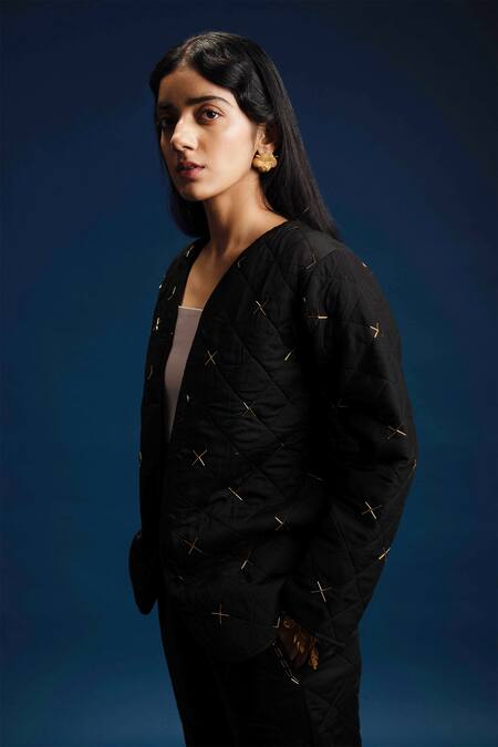 Buy Khajoor Studio Black Linen Beads Open Neck Dancing Stars Quilted Jacket Buy_Khajoor Studio_Black Linen Beads Open Neck Dancing Stars Quilted Jacket
