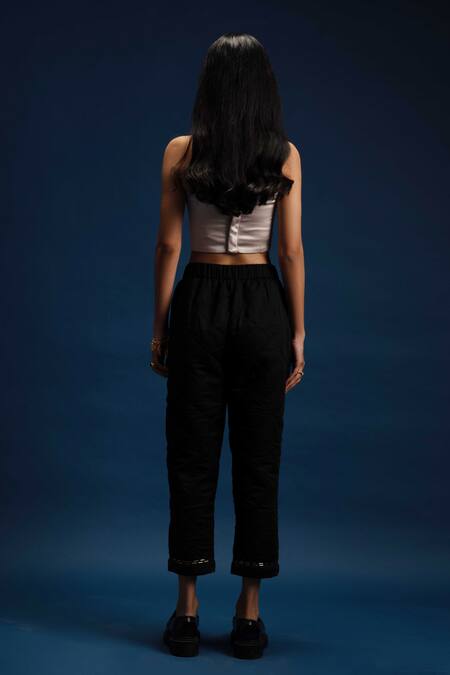 Shop Khajoor Studio Black Modal, Satin Beads Dancing Stars Quilted Pant at Aza Fashions Shop_Khajoor Studio_Black Modal, Satin Beads Dancing Stars Quilted Pant _at_Aza_Fashions