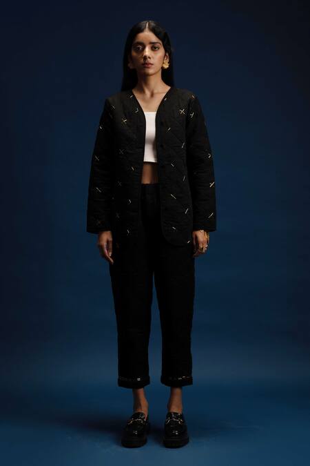 Khajoor Studio Black Modal, Satin Beads Dancing Stars Quilted Pant Online at Aza Fashions Khajoor Studio_Black Modal, Satin Beads Dancing Stars Quilted Pant _Online_at_Aza_Fashions