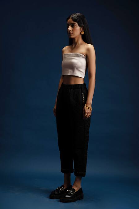 Shop Khajoor Studio Black Modal, Satin Beads Dancing Stars Quilted Pant Online at Aza Fashions Shop_Khajoor Studio_Black Modal, Satin Beads Dancing Stars Quilted Pant _Online_at_Aza_Fashions
