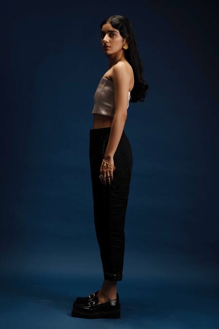 Khajoor Studio Black Modal, Satin Beads Dancing Stars Quilted Pant at Aza Fashions Khajoor Studio_Black Modal, Satin Beads Dancing Stars Quilted Pant _at_Aza_Fashions