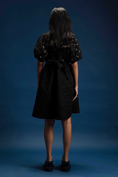Shop Khajoor Studio Black Linen, Satin Beads Round Neck Baby Quilted Embellished Dress at Aza Fashions Shop_Khajoor Studio_Black Linen, Satin Beads Round Neck Baby Quilted Embellished Dress _at_Aza_Fashions