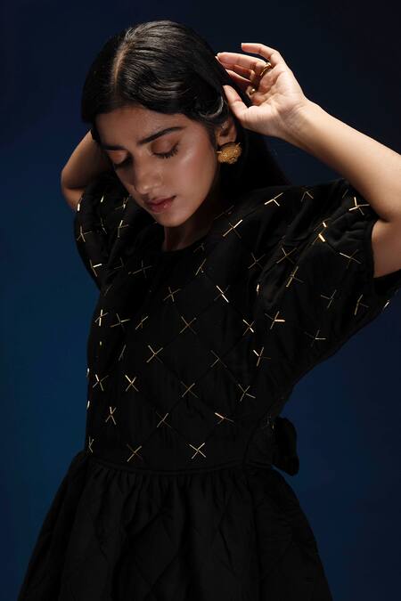 Buy Khajoor Studio Black Linen, Satin Beads Round Neck Baby Quilted Embellished Dress Online at Aza Fashions Buy_Khajoor Studio_Black Linen, Satin Beads Round Neck Baby Quilted Embellished Dress _Online_at_Aza_Fashions