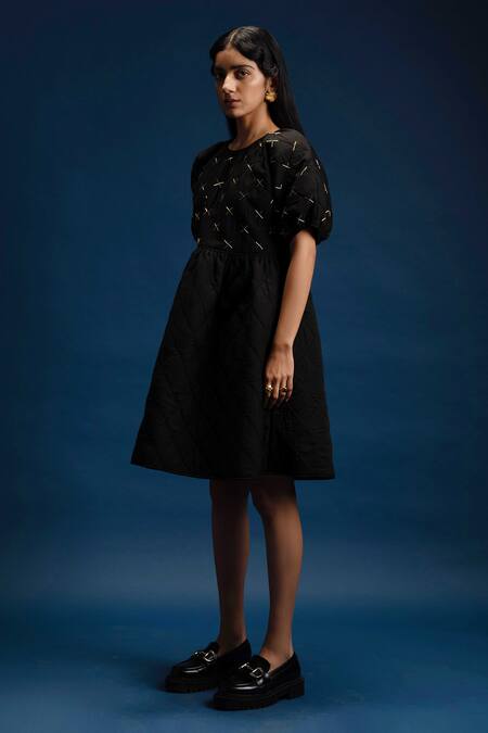 Shop Khajoor Studio Black Linen, Satin Beads Round Neck Baby Quilted Embellished Dress Online at Aza Fashions Shop_Khajoor Studio_Black Linen, Satin Beads Round Neck Baby Quilted Embellished Dress _Online_at_Aza_Fashions