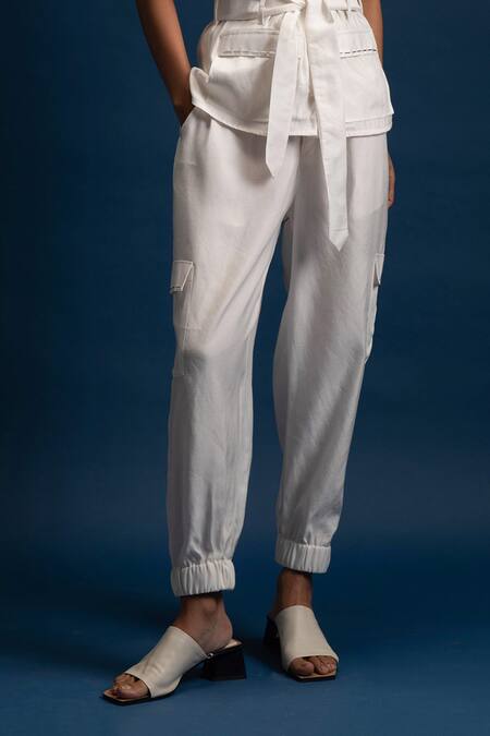 Khajoor Studio White Modal, Linen Beads Collared Morning Safari Pocket Shirt With Pant Online at Aza Fashions Khajoor Studio_White Modal, Linen Beads Collared Morning Safari Pocket Shirt With Pant _Online_at_Aza_Fashions