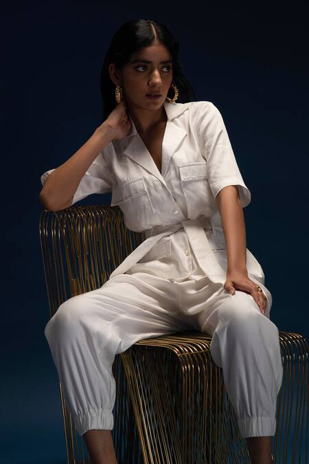 Shop Khajoor Studio White Modal, Linen Beads Collared Morning Safari Pocket Shirt With Pant Shop_Khajoor Studio_White Modal, Linen Beads Collared Morning Safari Pocket Shirt With Pant