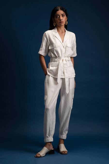 Khajoor Studio_White Linen Beads Collared Morning Safari Pocket Shirt _Online_at_Aza_Fashions