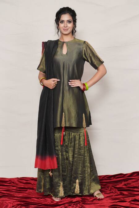 Jyoti Bansal_Black Tissue Tassels, Zari Keyhole Neck Ombre Kurta Sharara Set _at_Aza_Fashions