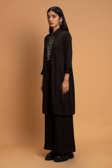 Buy Khajoor Studio Black Linen Beads, Embroidery Collared Night Wink Embellished Tunic With Pant Online at Aza Fashions Buy_Khajoor Studio_Black Linen Beads, Embroidery Collared Night Wink Embellished Tunic With Pant _Online_at_Aza_Fashions