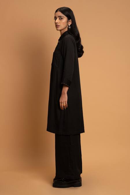 Shop Khajoor Studio Black Linen Beads, Embroidery Collared Night Wink Embellished Tunic With Pant Online at Aza Fashions Shop_Khajoor Studio_Black Linen Beads, Embroidery Collared Night Wink Embellished Tunic With Pant _Online_at_Aza_Fashions