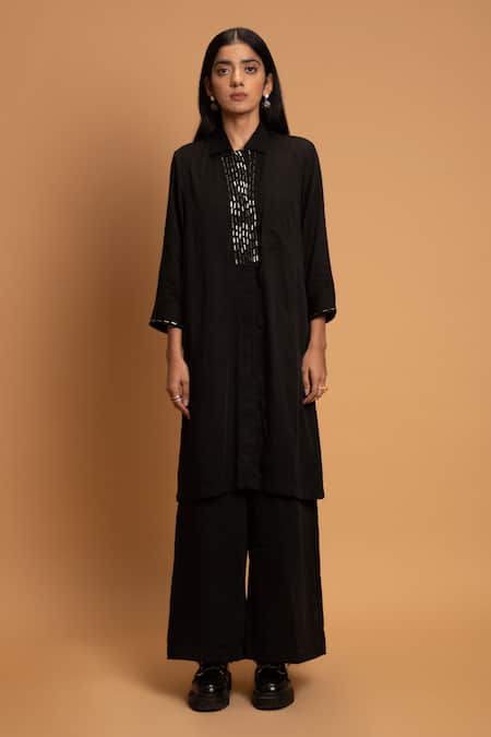 Khajoor Studio Black Linen Embroidery Collared Night Wink Embellished Tunic 