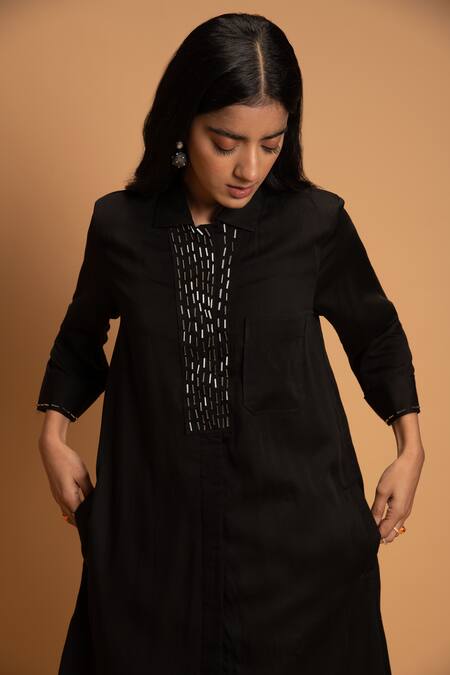 Shop Khajoor Studio Black Linen Embroidery Collared Night Wink Embellished Tunic Online at Aza Fashions Shop_Khajoor Studio_Black Linen Embroidery Collared Night Wink Embellished Tunic _Online_at_Aza_Fashions